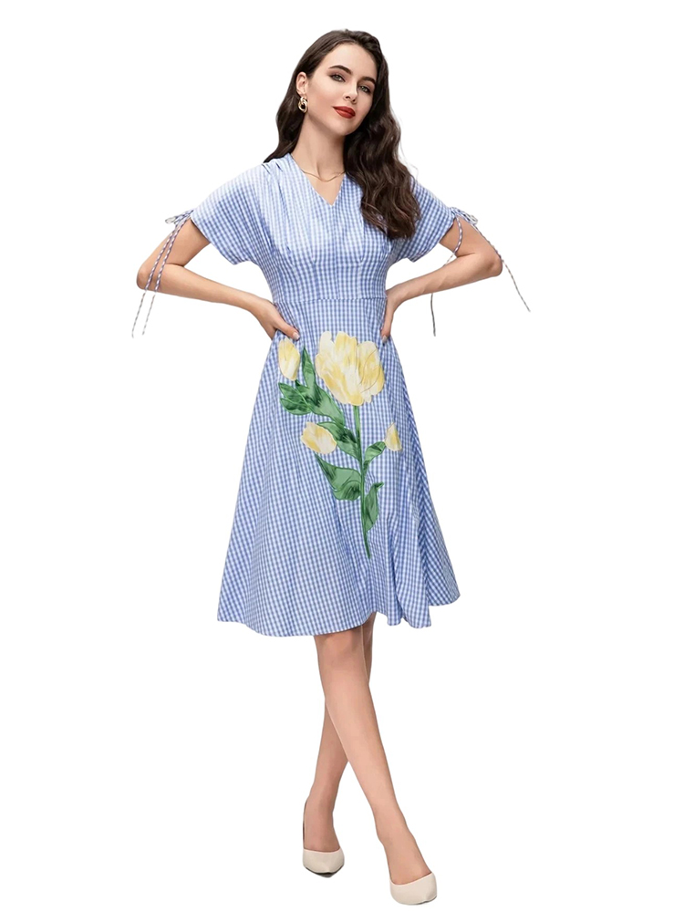 V-neck floral embroidered plaid dress