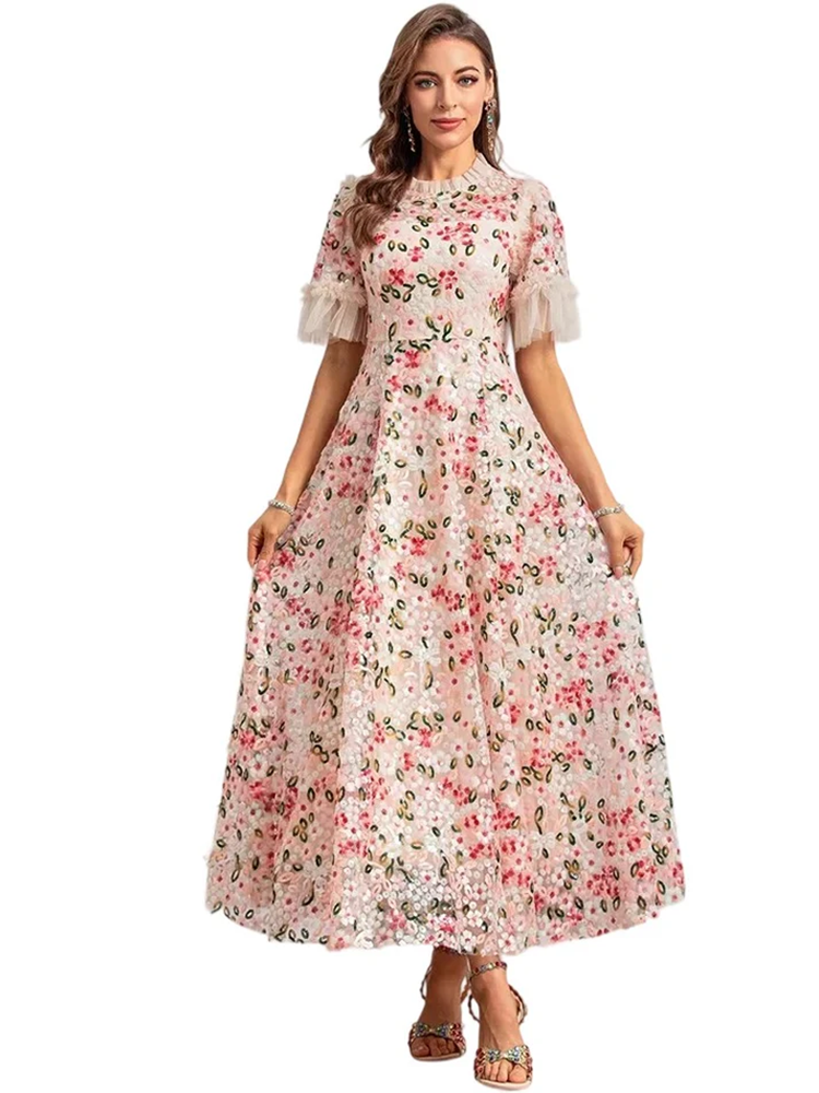 Summer Runway Fashion Dresses Women's Bohemian Net Yarn Flowers Sequins Temperament Gorgeous Dresses