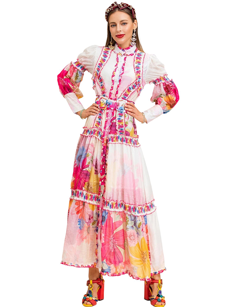 Lantern Sleeve Printed Holiday Maxi Dress