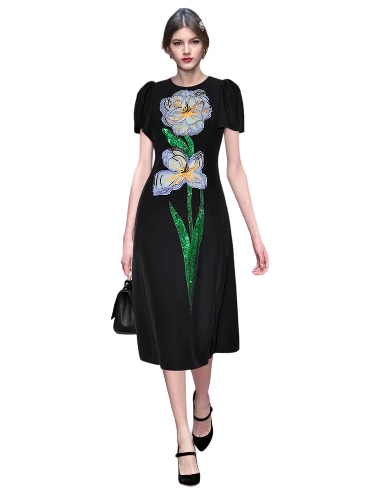 Round-neck floral sequin embroidered waisted princess dress