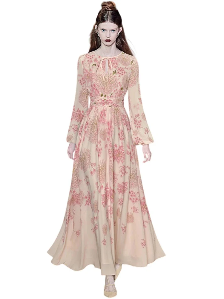 Women's Elegant Ball Gown Dress Autumn and Winter Long Sleeved High waist Pink Print Big Swing Dresses