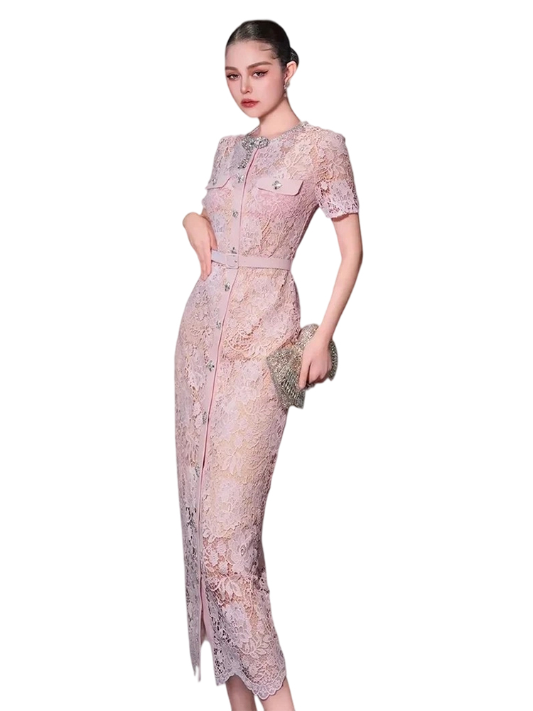 Women's Chic Lace Hollow Out Summer Dress Single-Breasted Beading Pretty Slim New Fashion Long Dresses