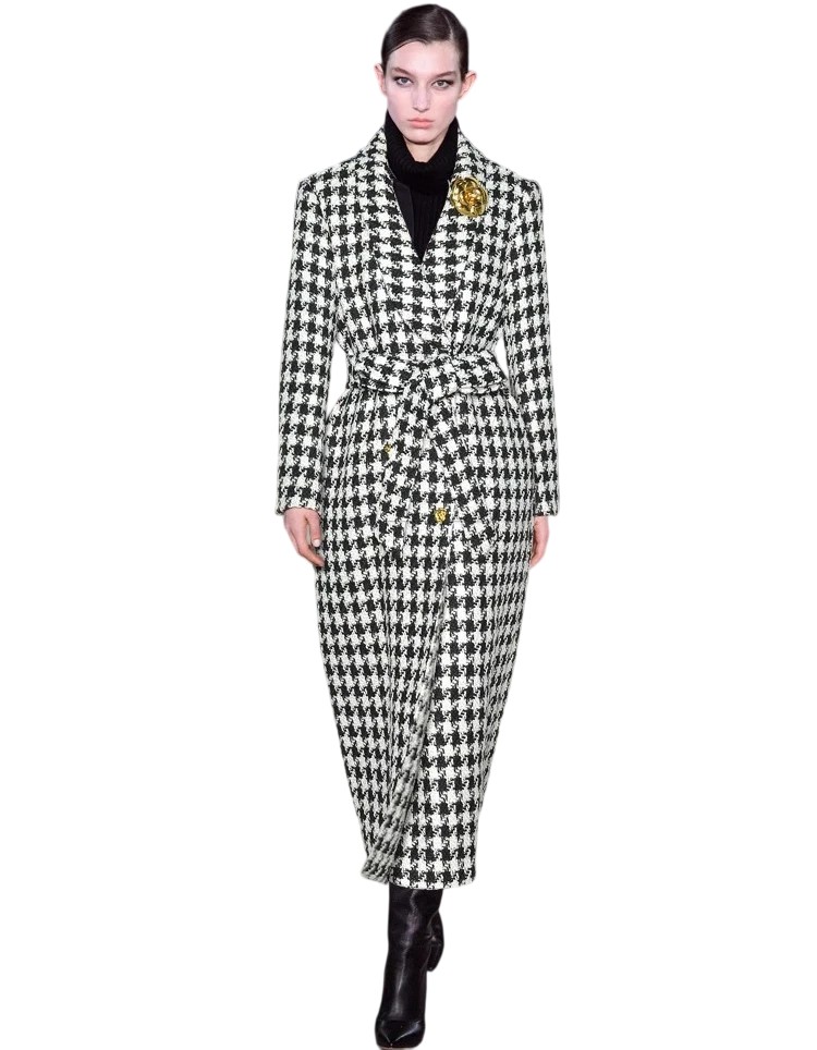 Women's High Street Overcoat with Brooch, Turn-Down Collar
