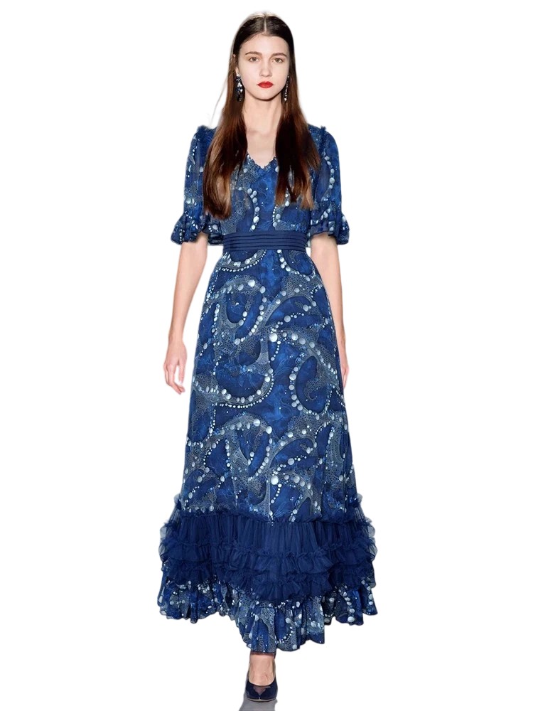 Summer Ruffle Hem Pleated Waist Maxi Dress with Mesh Sleeves