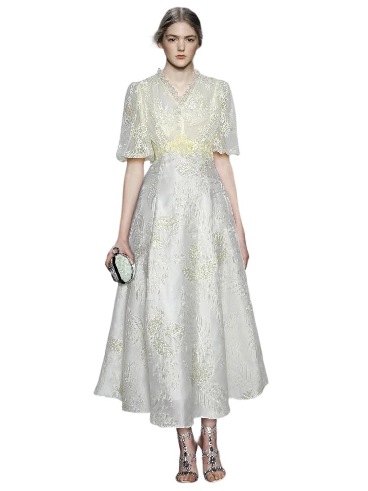 V-Neck Bubble Short Sleeved Lace Nail Bead Waist Cinching Princess Style Dress  Summer New Item