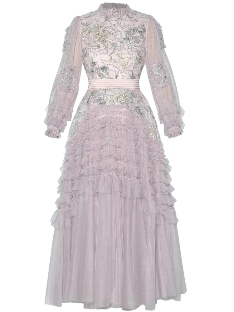 Spring Sequins Beads Embroidery Mesh Dress