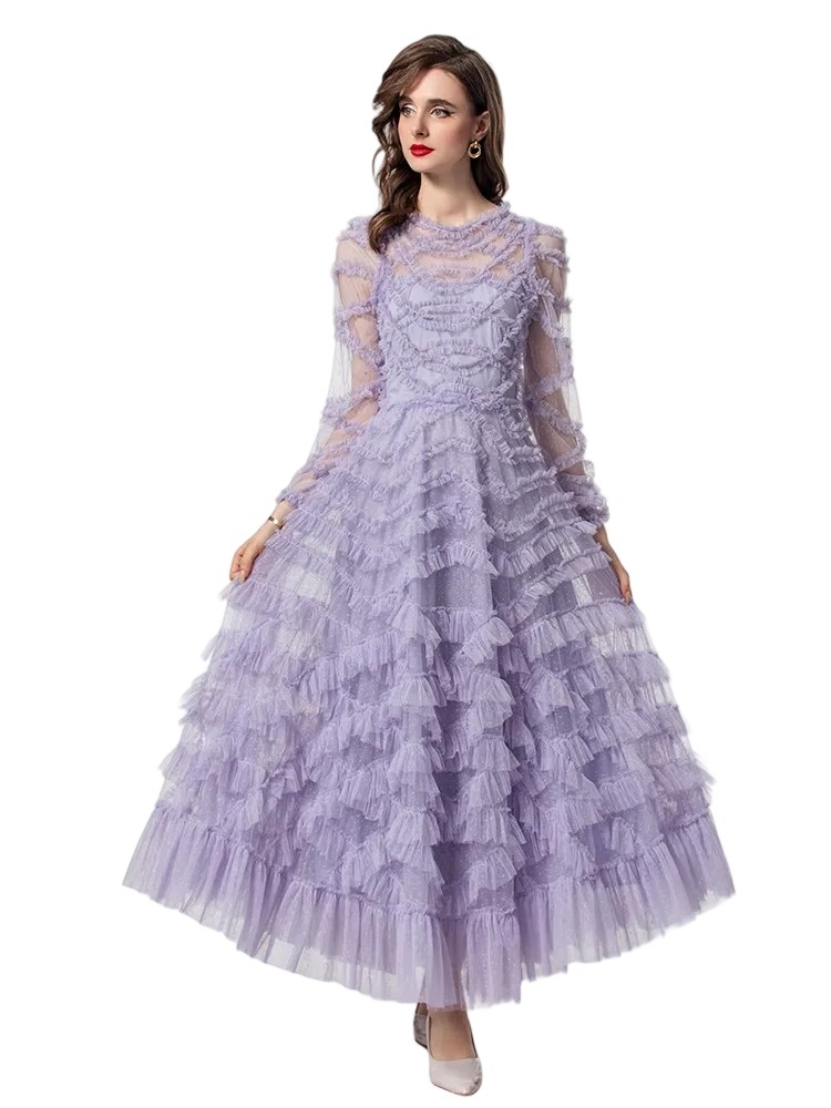 Mesh Polka Dot Print Layered Ruffle Dress