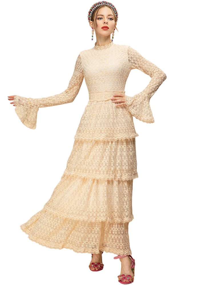 Bell Sleeve Mesh Floral Embroidered Vintage Dress