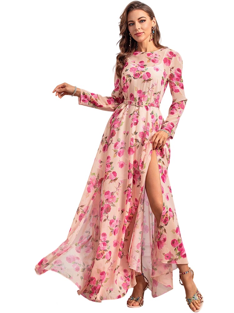 Bohemian style floral belt chiffon flowing side slit dress