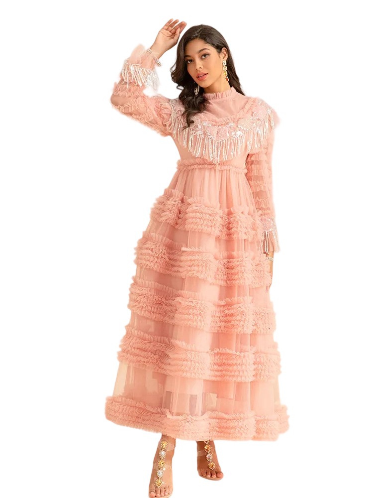 2025 French Beaded Dress with Lantern Sleeves & Pleated Waist