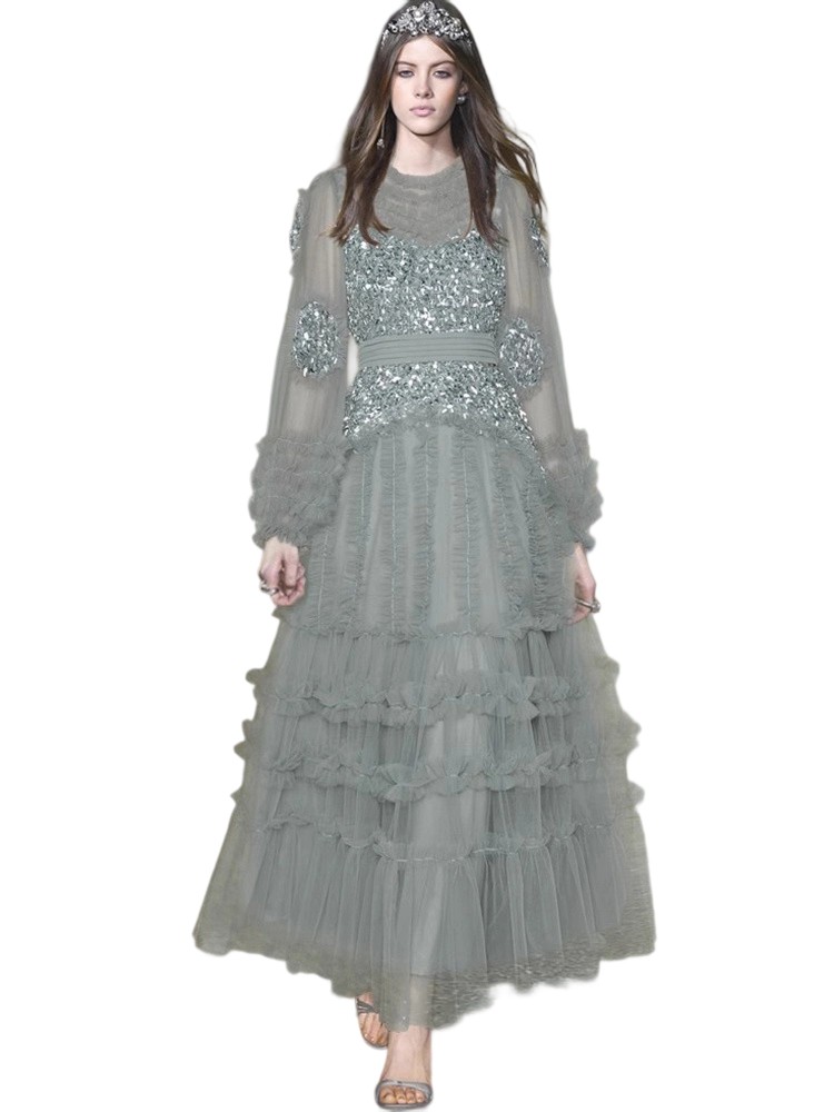 Mesh sequin ruffle long sleeve vintage ball gown