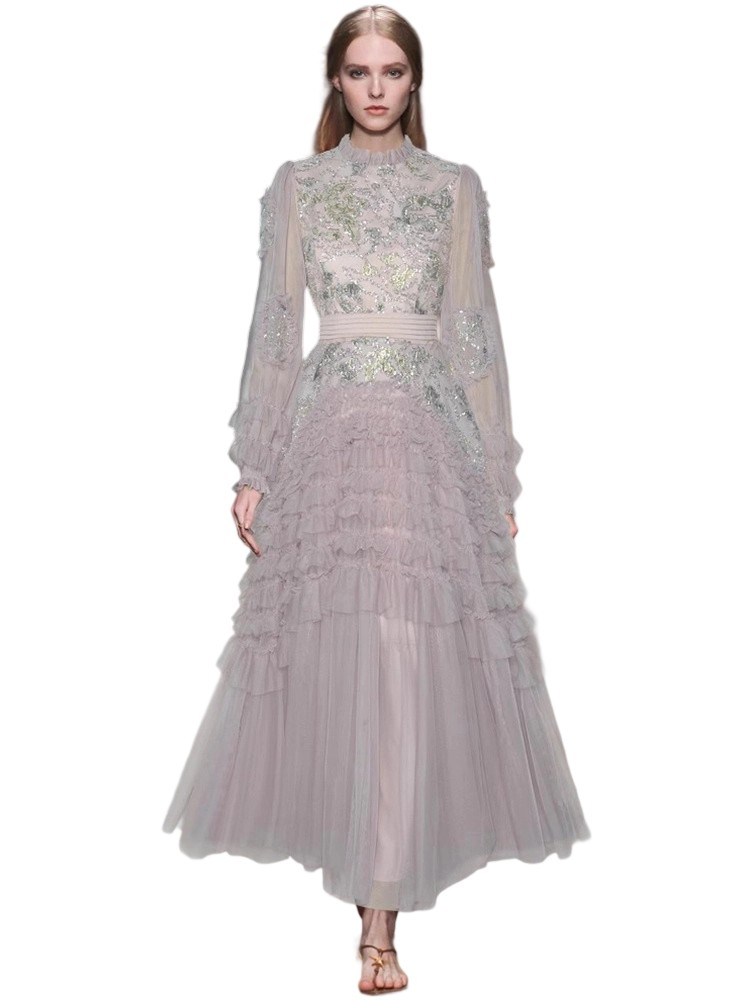 Women's stand collar long-sleeved ball gown with beading and big swing.