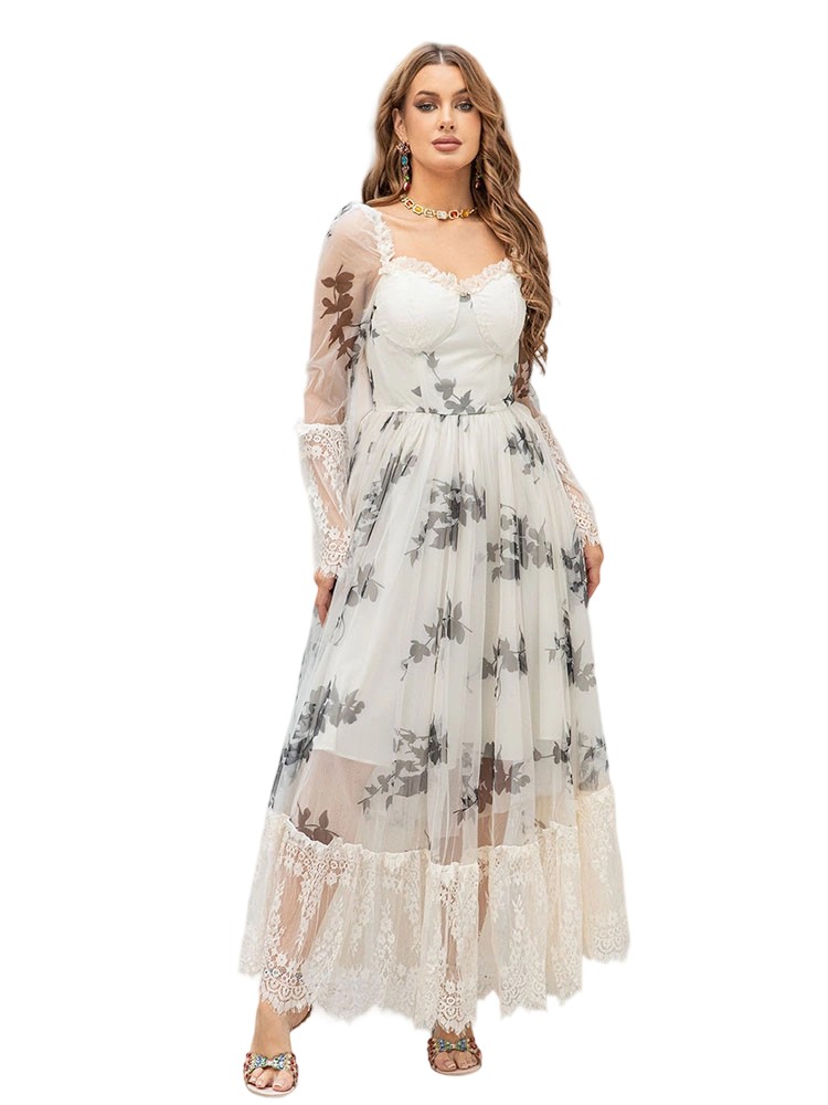 Square neck flared sleeve lace paneled slim dress
