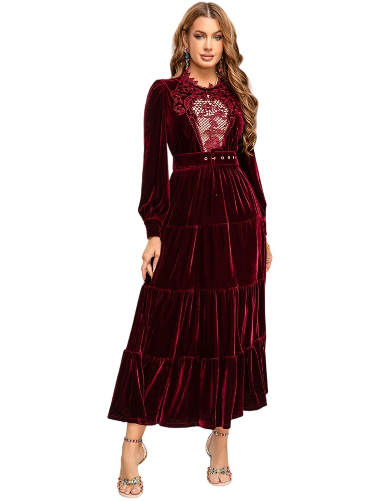 A couture velvet dress with lace cut-out details