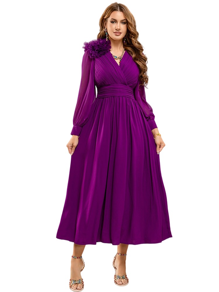 A stylish purple party dress with V-neck and long sleeves