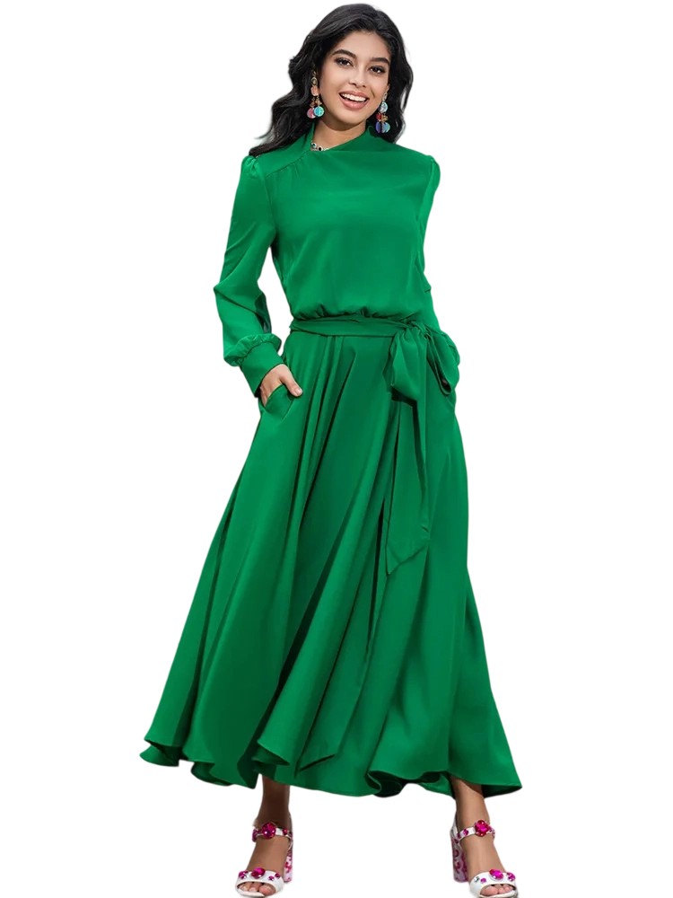 Elegant solid green long dresses with chic design