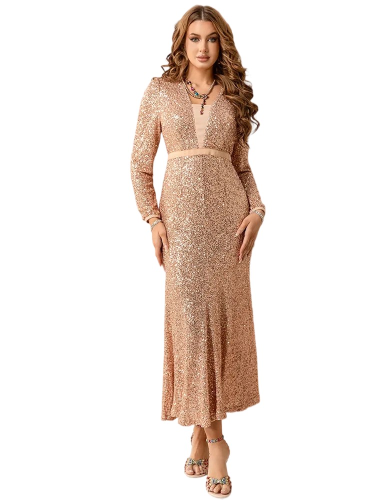 All-Over Glitter Mermaid Gown with V-Neck & Long Sleeves