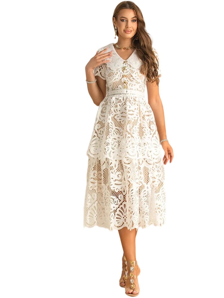 Lace-Up Peter Pan Collar Dress with Hollow Out Lace