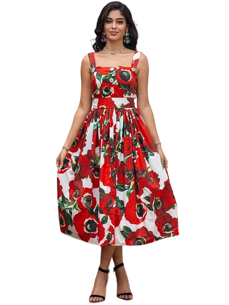 Elegant summer midi dresses with flower prints for parties