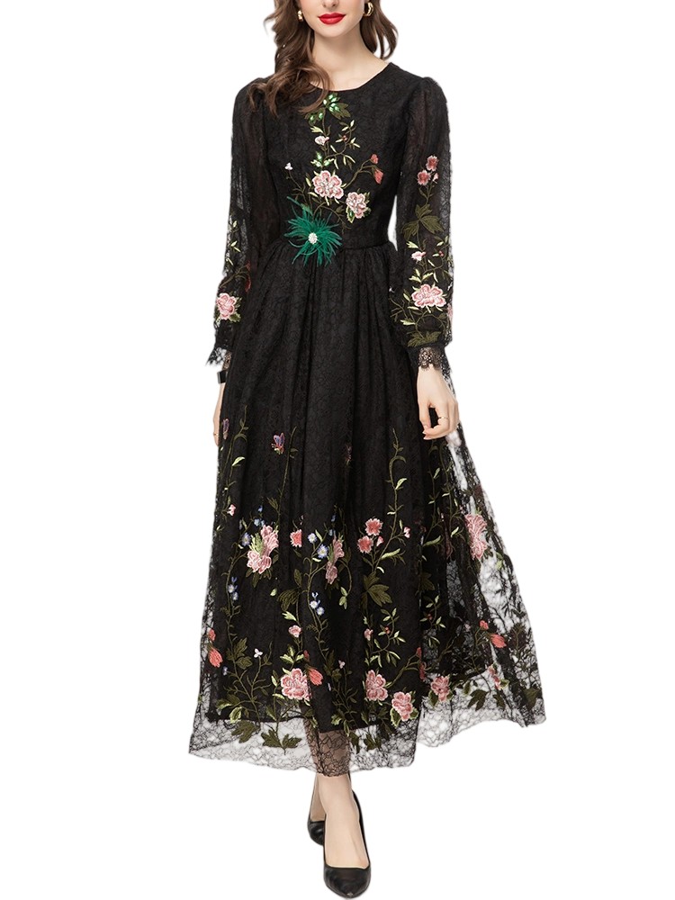Autumn Elegant Pretty Fashion Dress Women's Black Extravagant Embroidery Splice Draped Slim Fit Lace Dress