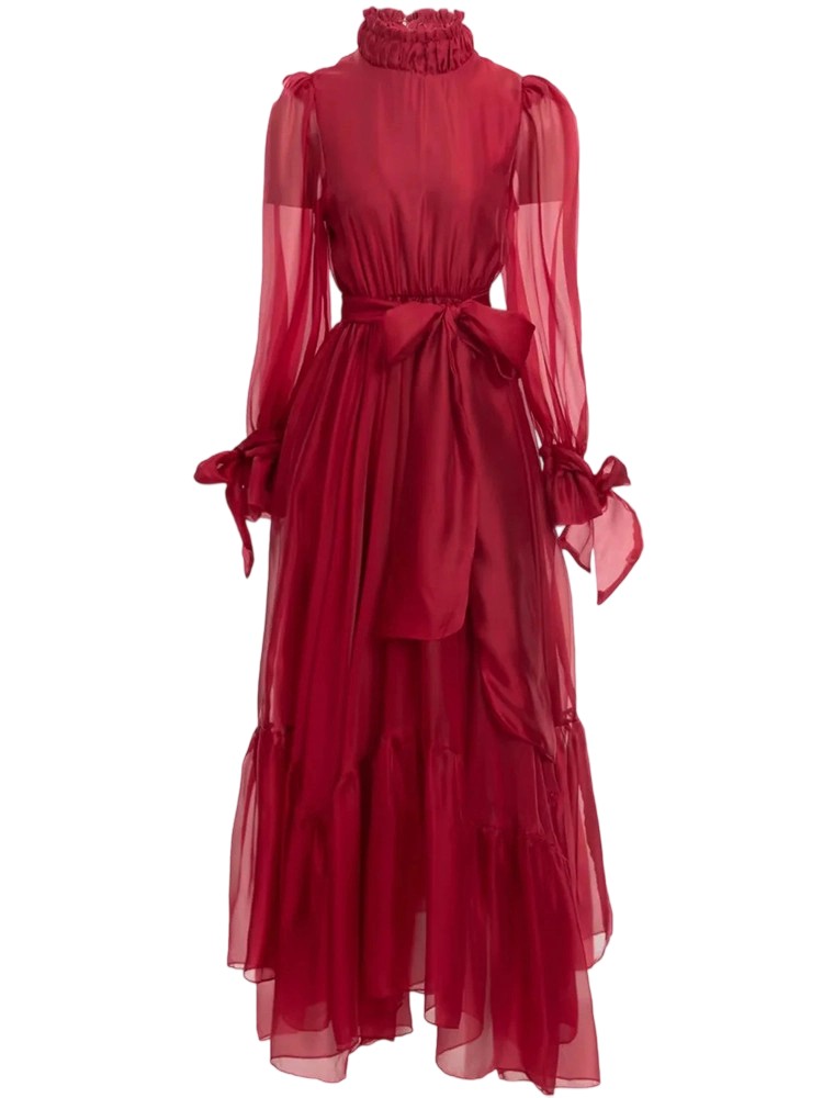 Stand collar long sleeves tie asymmetrical long dress
