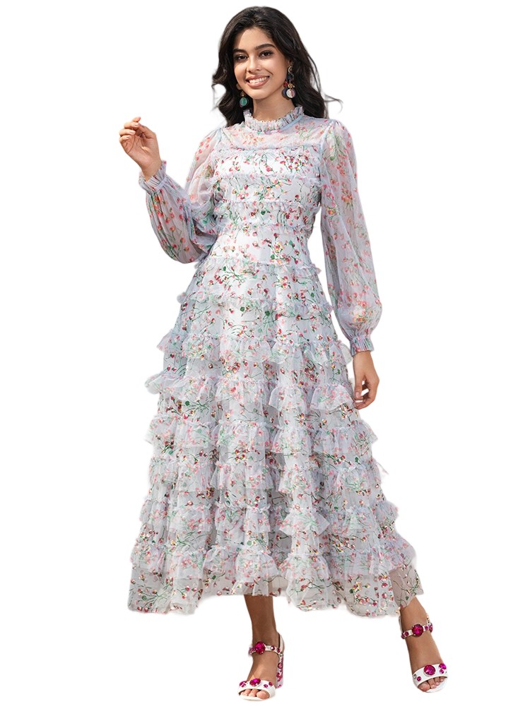 New summer fashion mesh long sleeve floral party maxi dress