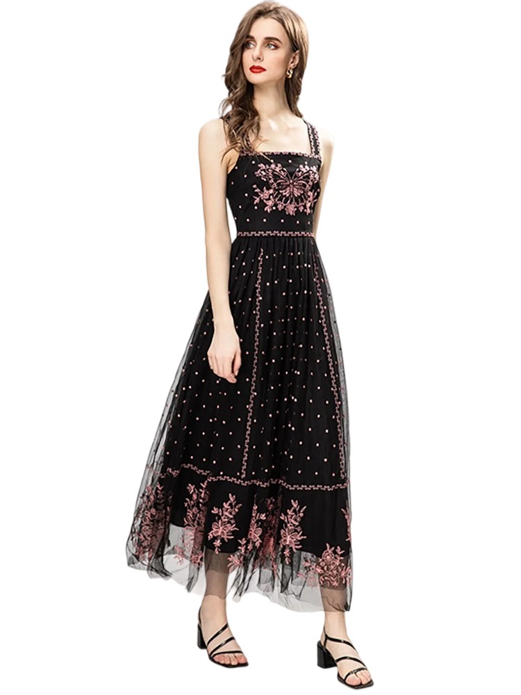 luxury Designer Dresses for women Vintage Butterfly Embroidery Spaghetti Strap Backless Dresses