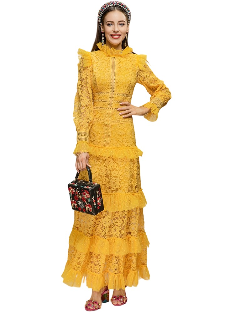 Trumpet Sleeve Lace Hollow Embroidery Retro Party Long Dress