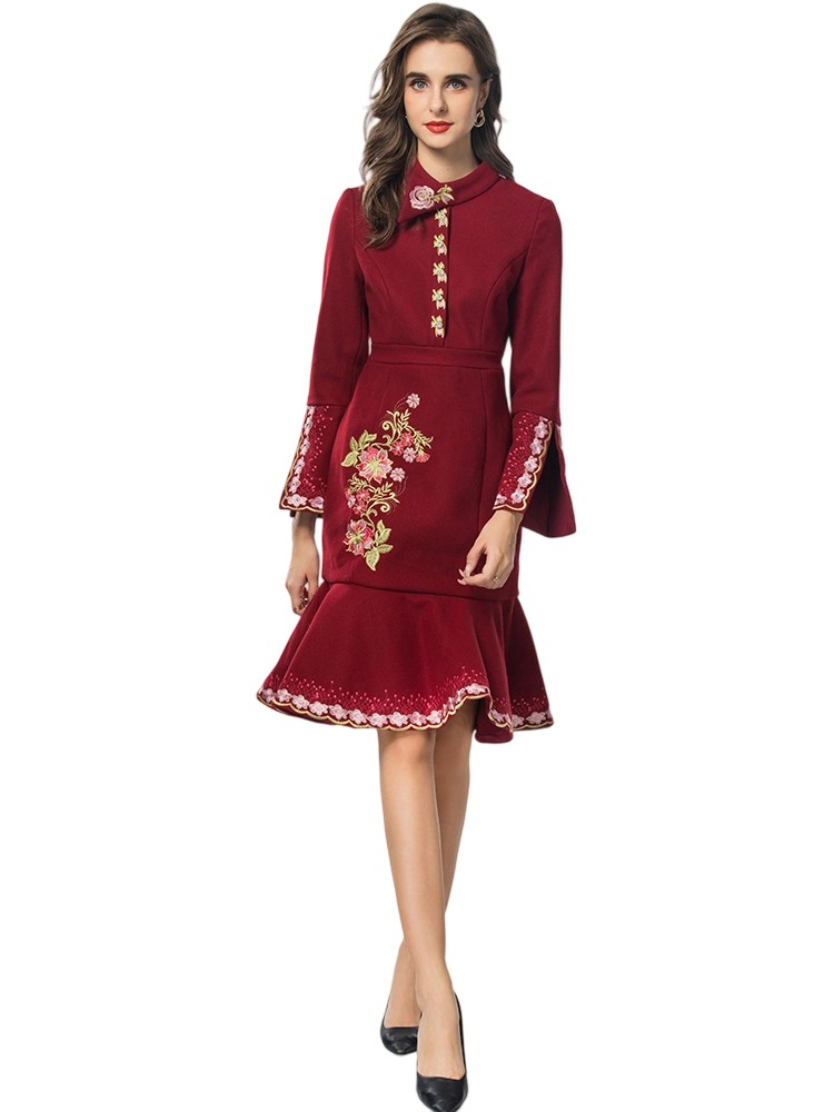 Stand collar long sleeve embroidered high waist slim dress