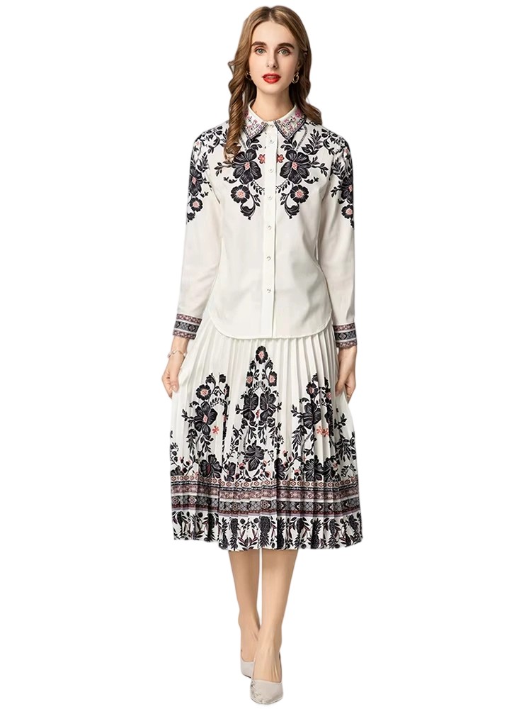 Single-breasted lapel top + pleated skirt two-piece suit