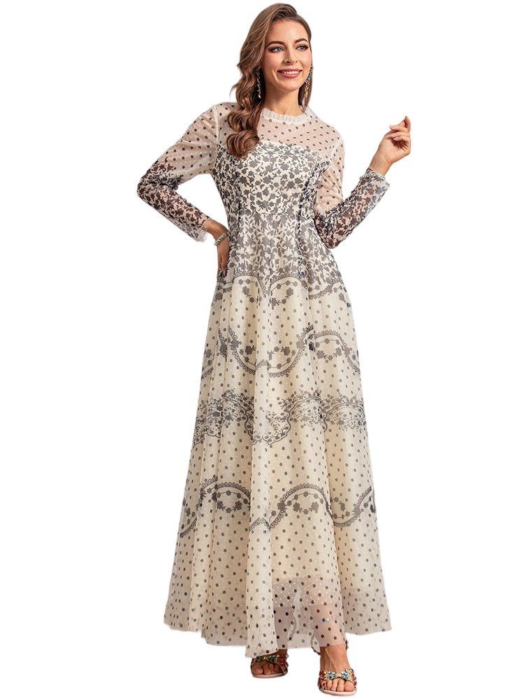 Fashion Women's Bohemian Polka Dot Floral Print Chiffon Mesh Dress