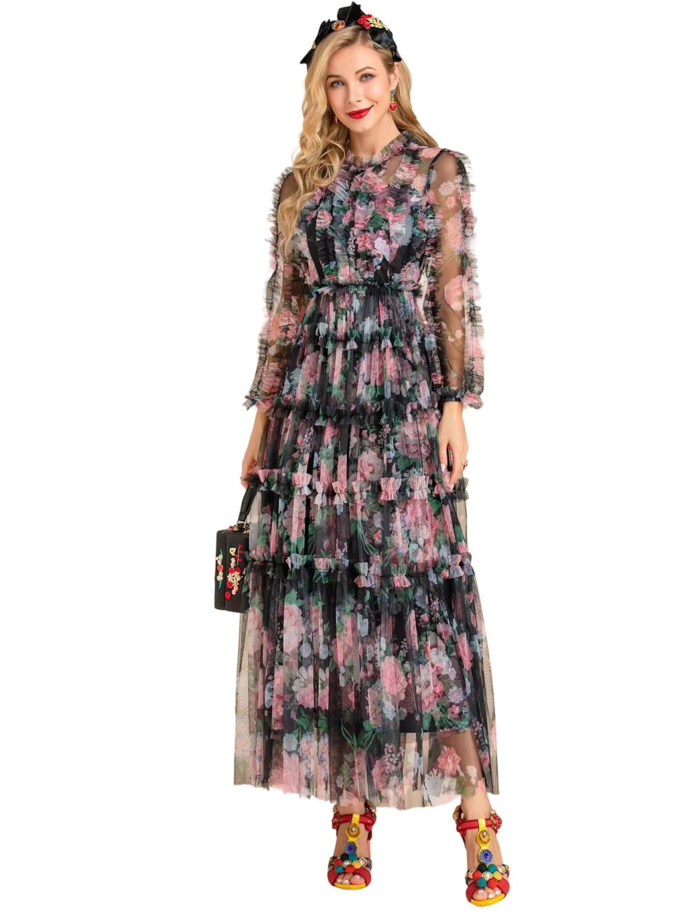 Designer vintage summer party dresses with floral mesh - Image 5