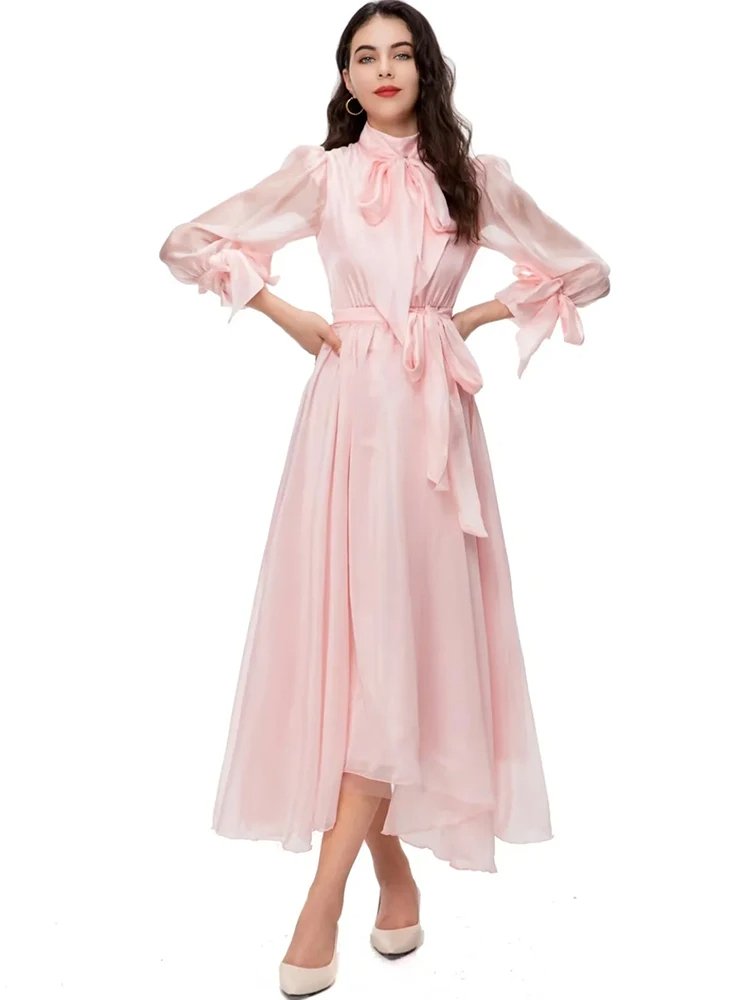 Bow Collar Party Dress: Flare Sleeves & Belted Waist