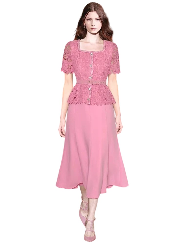 Vintage solid color embroidered hollow belt button dress