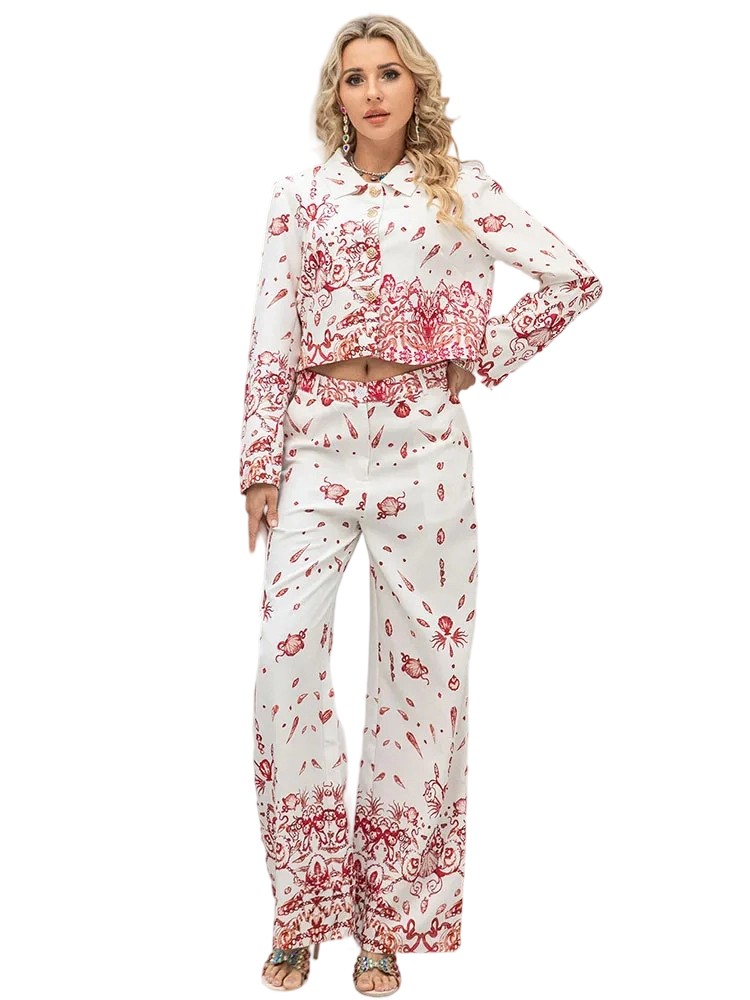 Fashion design slim fit long sleeve lapel red printed two-piece suit
