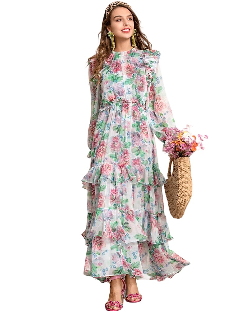 Bohemian Floral Lantern Sleeve Chiffon Dress