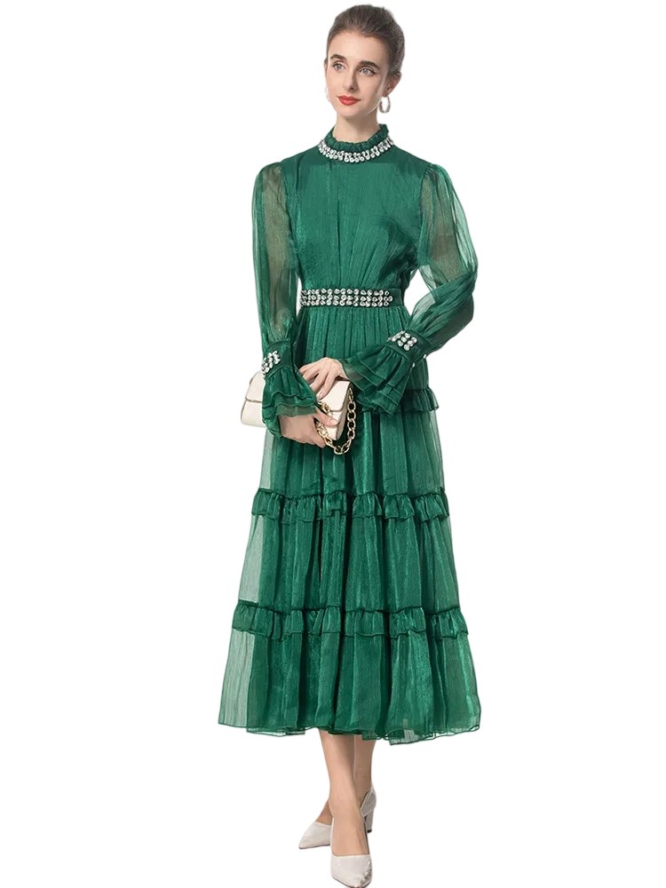 Crystal edge stand collar high waist trumpet sleeve dress