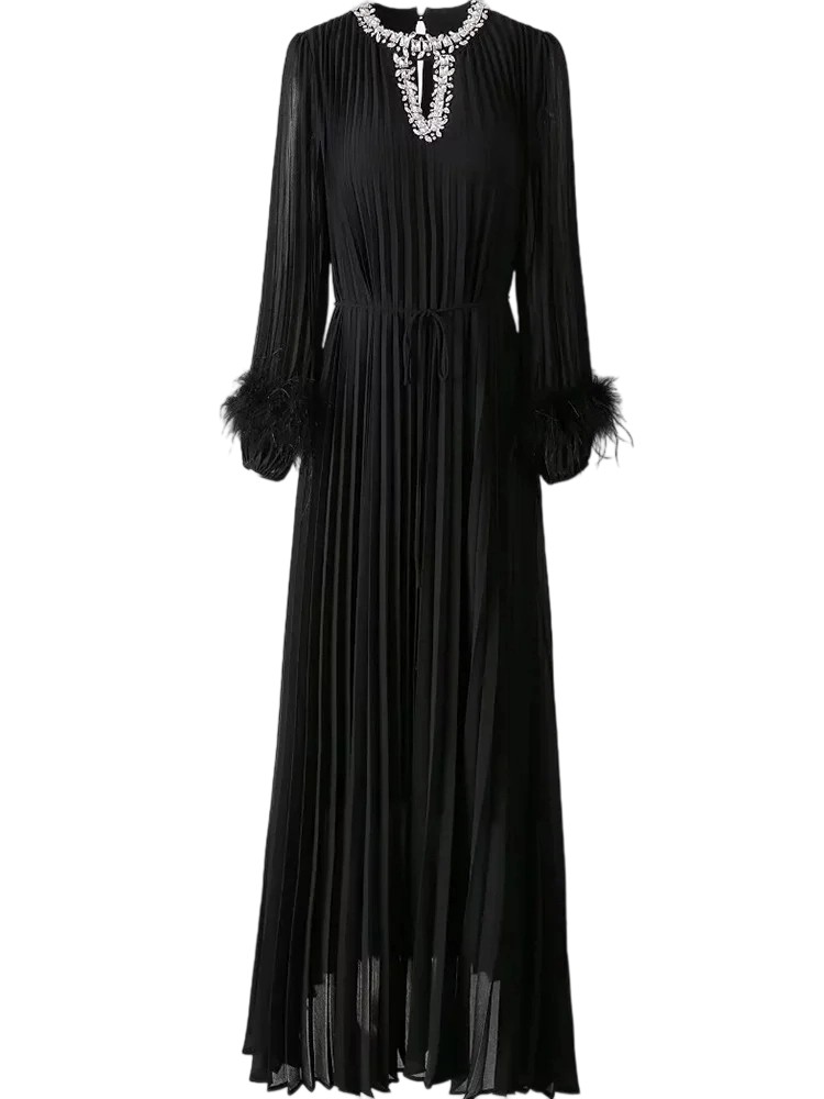 Round Neck Beaded Long Sleeve Feather Evening Dress