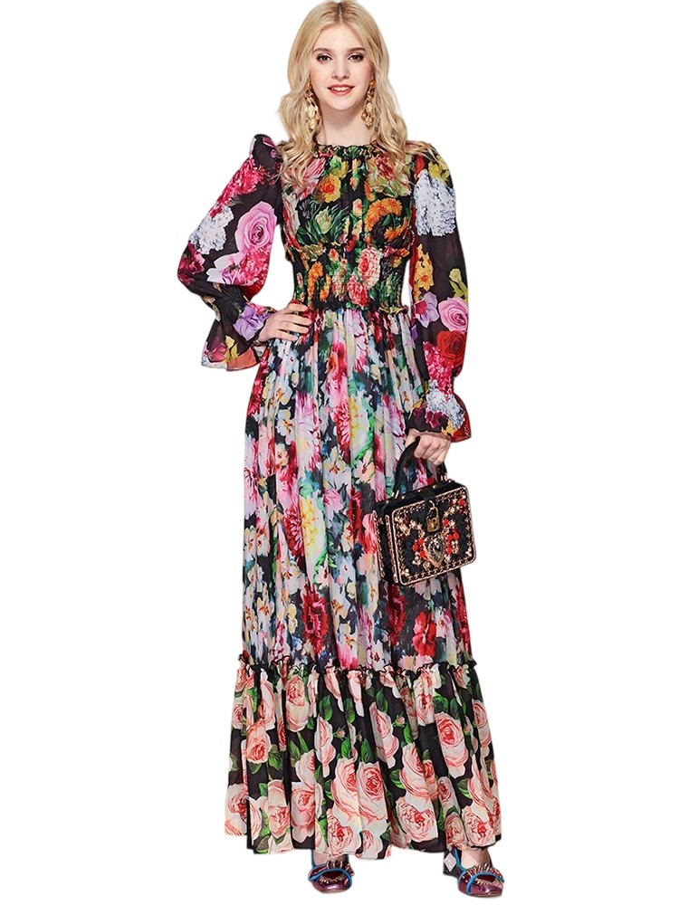Long Sleeve Elastic Waist Floral Print Party Maxi Dress