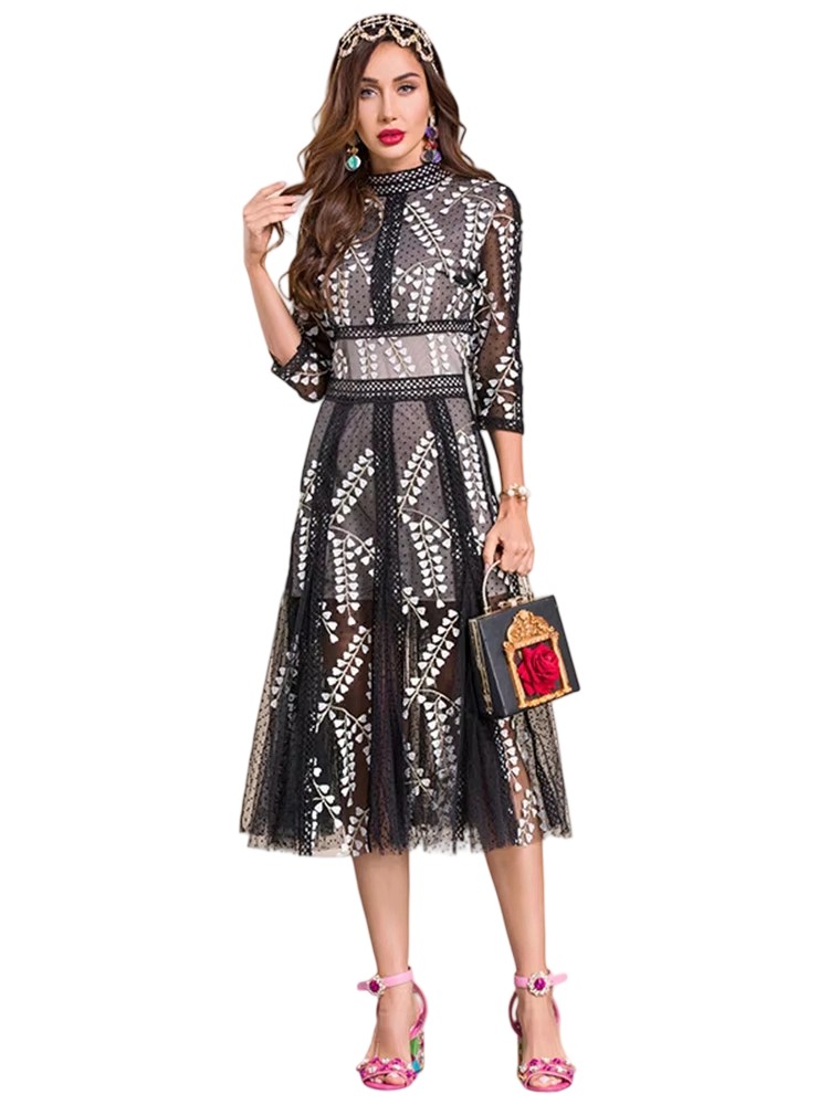 Summer Vintage Black Lace Floral Runway Dress