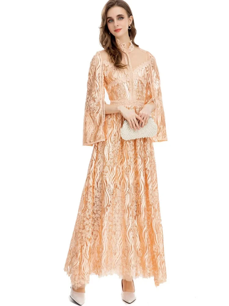 Bell Sleeve High Waist Lace Mesh Party Maxi Dress