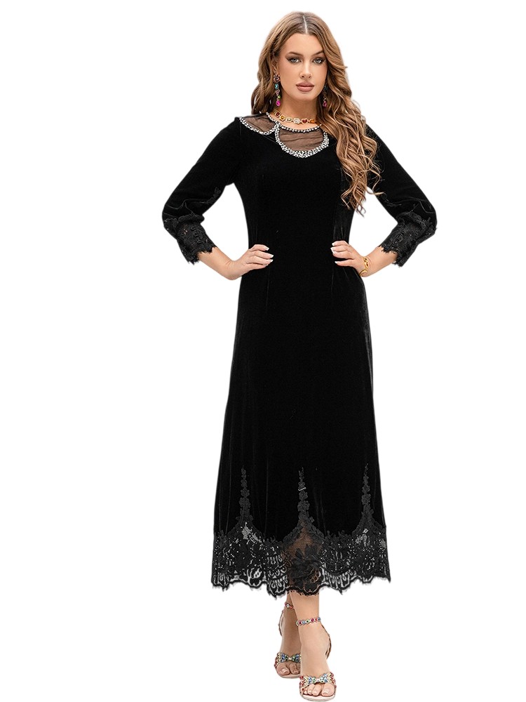 Round neck lantern long sleeve spliced velvet dress