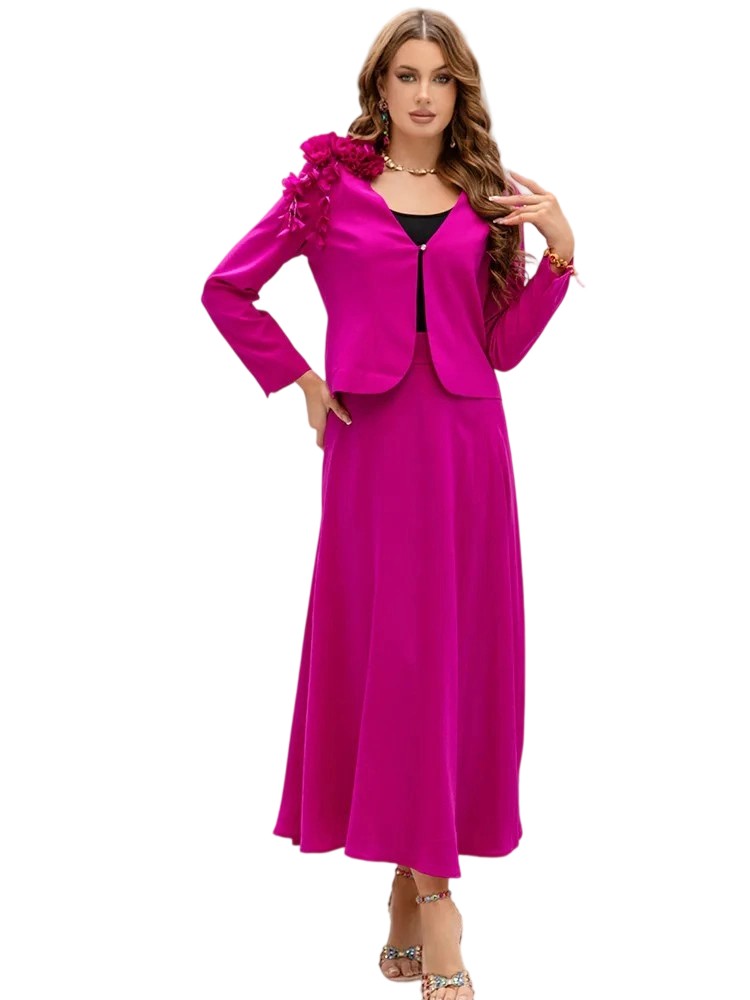 A lavender floral blouse and swish skirt set
