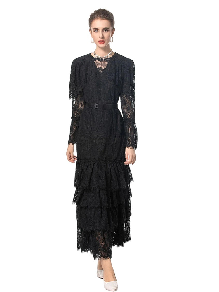 Lace Bell Sleeve Tie Holiday Ball Gown