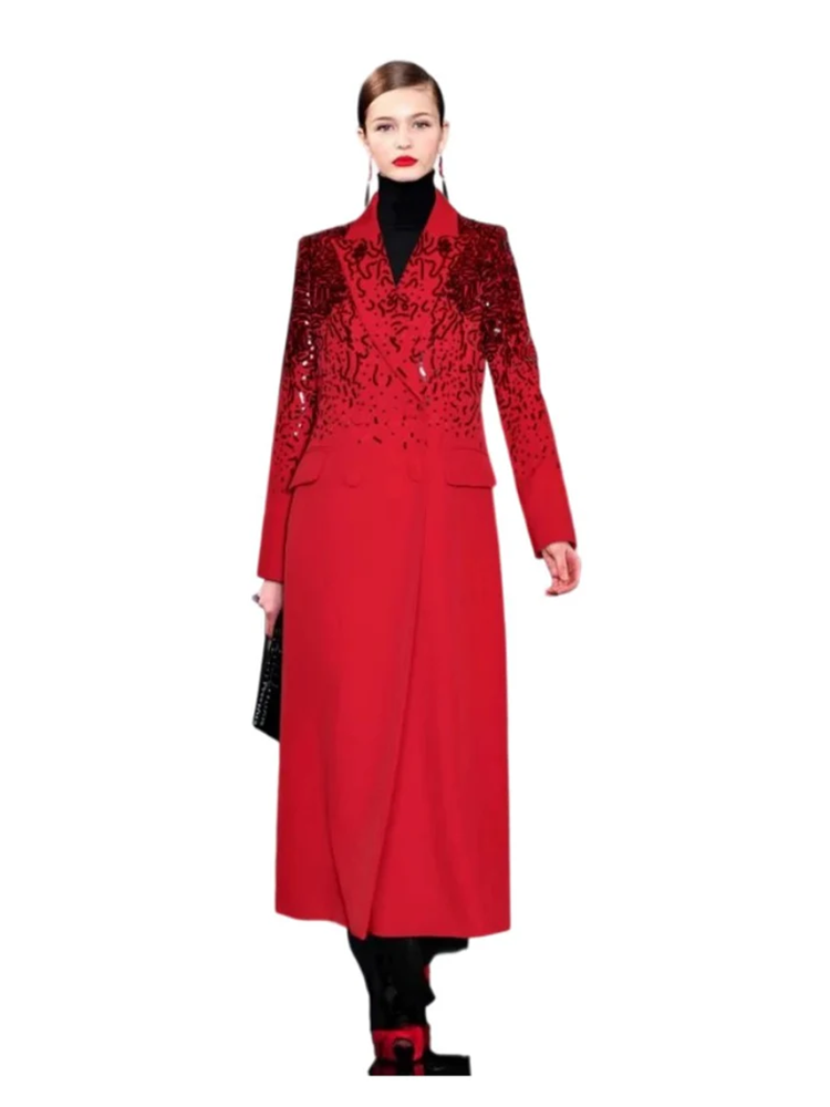 Women's Elegant Autumn and Winter Coat Notched Long Sleeved Double-Breasted Sequins Black/Red Overcoat