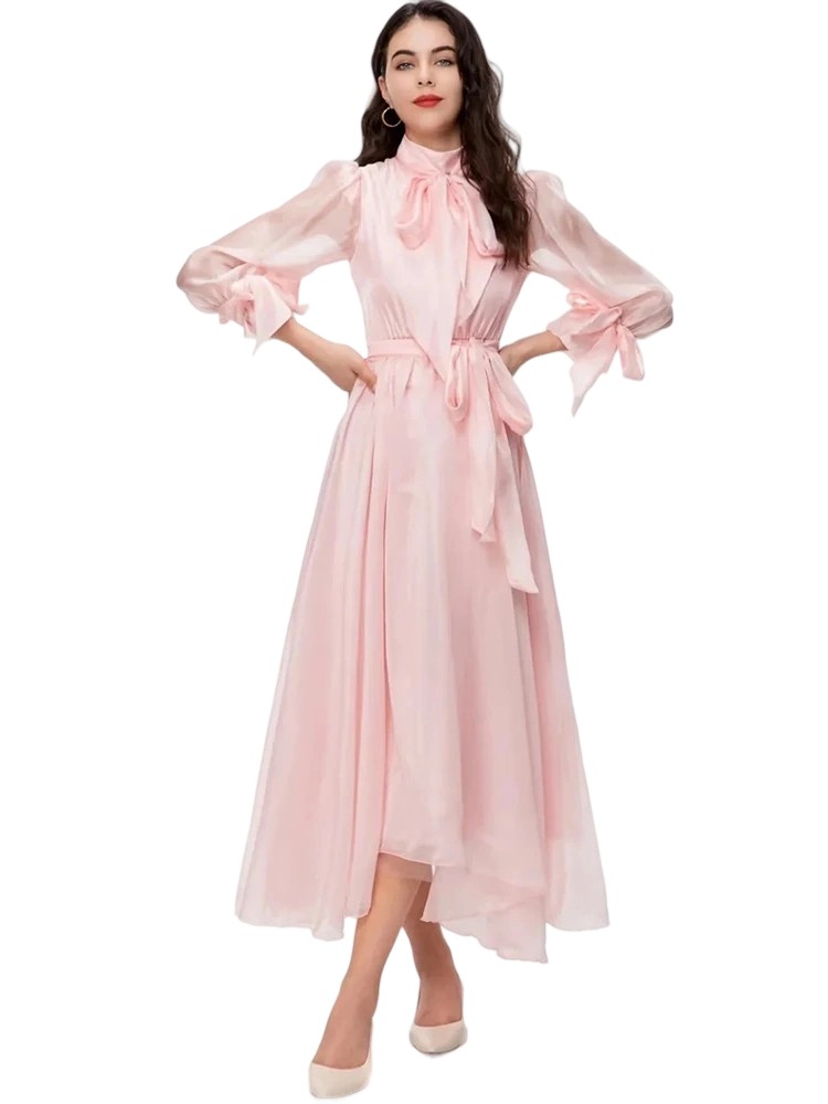 Spring Bow Collar Flare Pink Midi Dress
