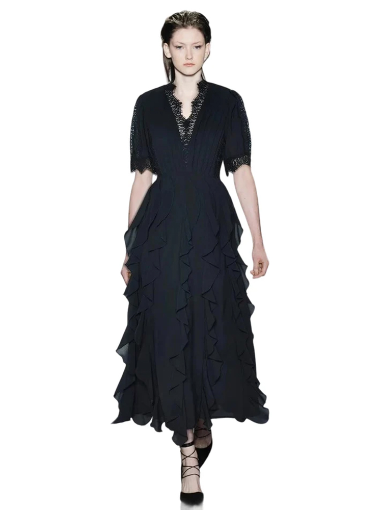 V-neck lace waist ruffled hem princess style dress