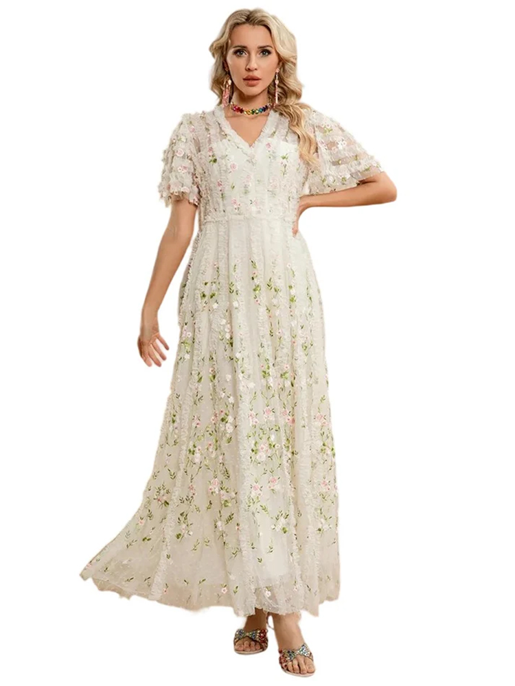 Summer New Fashion Design V-neck Short Sleeve Dress Plant Flower 3D Embroidery Long Dress for Women
