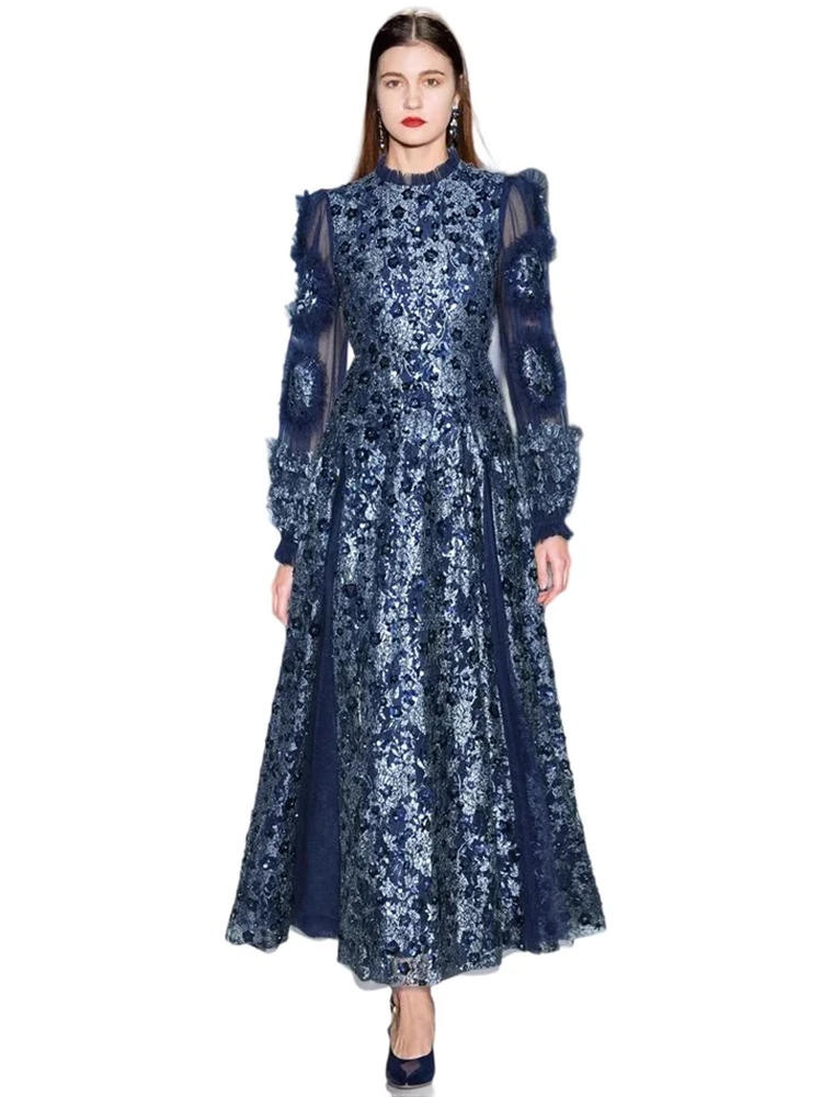Women High End Luxury Party Dress For Long-Sleeved Sequins Appliques High waist Elegant Gorgeous Dresses