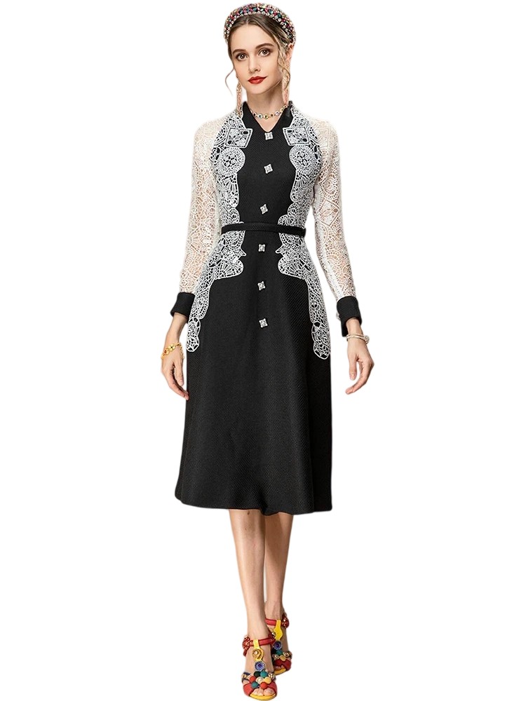 Spring V-Neck Embroidery Black Midi Dress